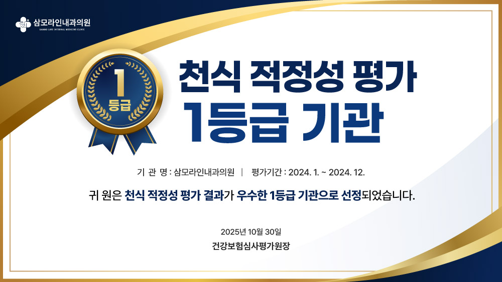 삼모라인내과의원 천식 적정성 평가 1등급 기관 안내, 평가기간 2024년 1월부터 2024년 12월